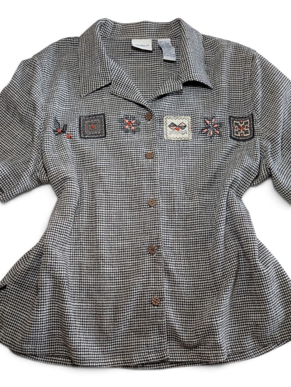 VTG 90s Koret Linen Blend Houndstooth Embroidered Beaded Blouse M